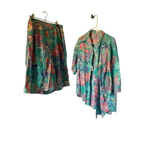 Sea Suns Vintage Tropical Fish Print 2 Piece Set Shirt and Culottes XL Teal Pink